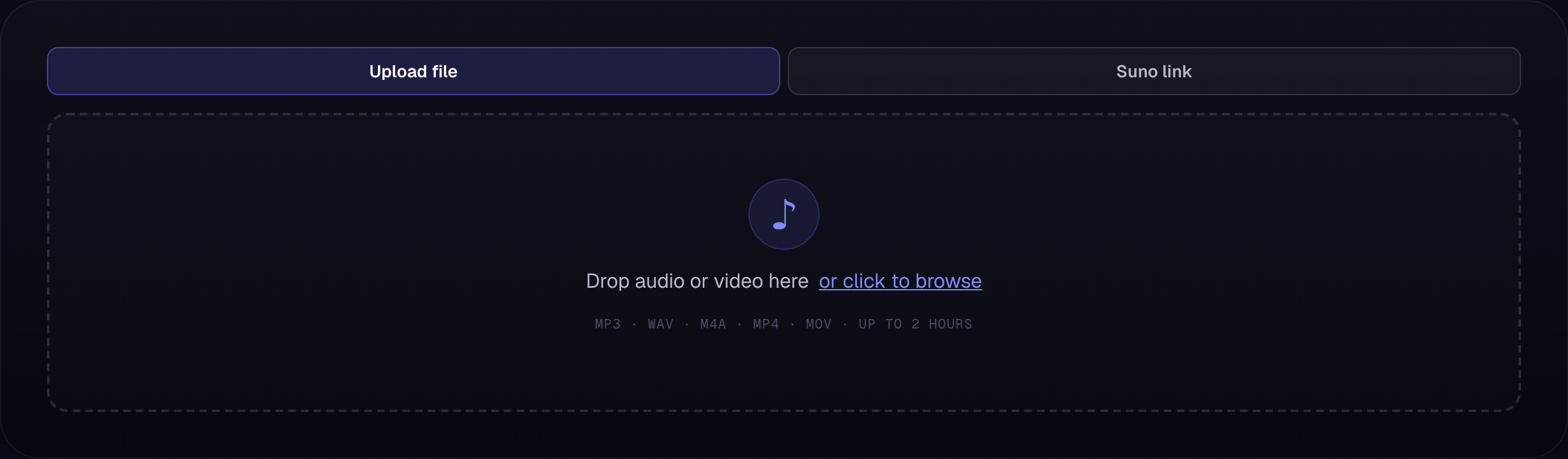 The Upload file and Suno link import tabs, with the drop zone