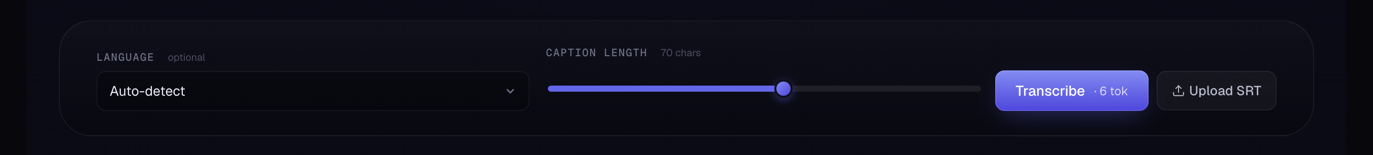 Language and caption-length controls with the Transcribe button