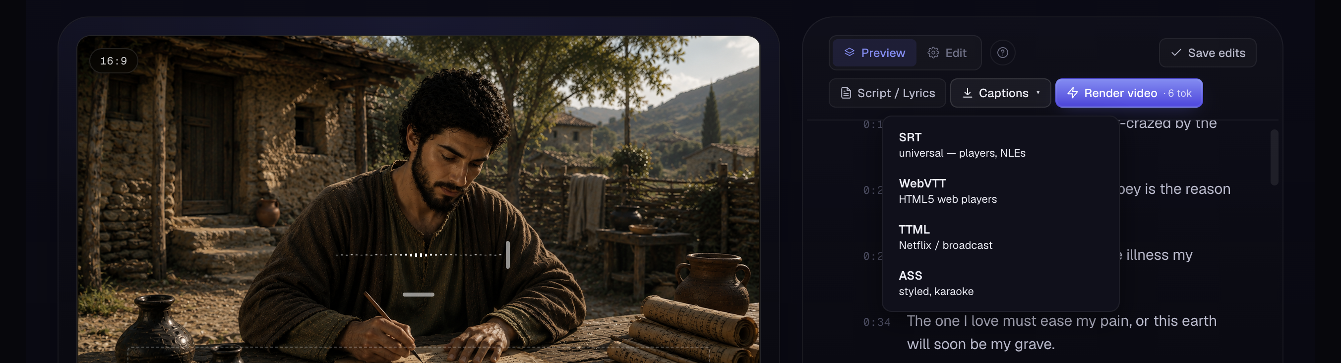 The Captions export menu
