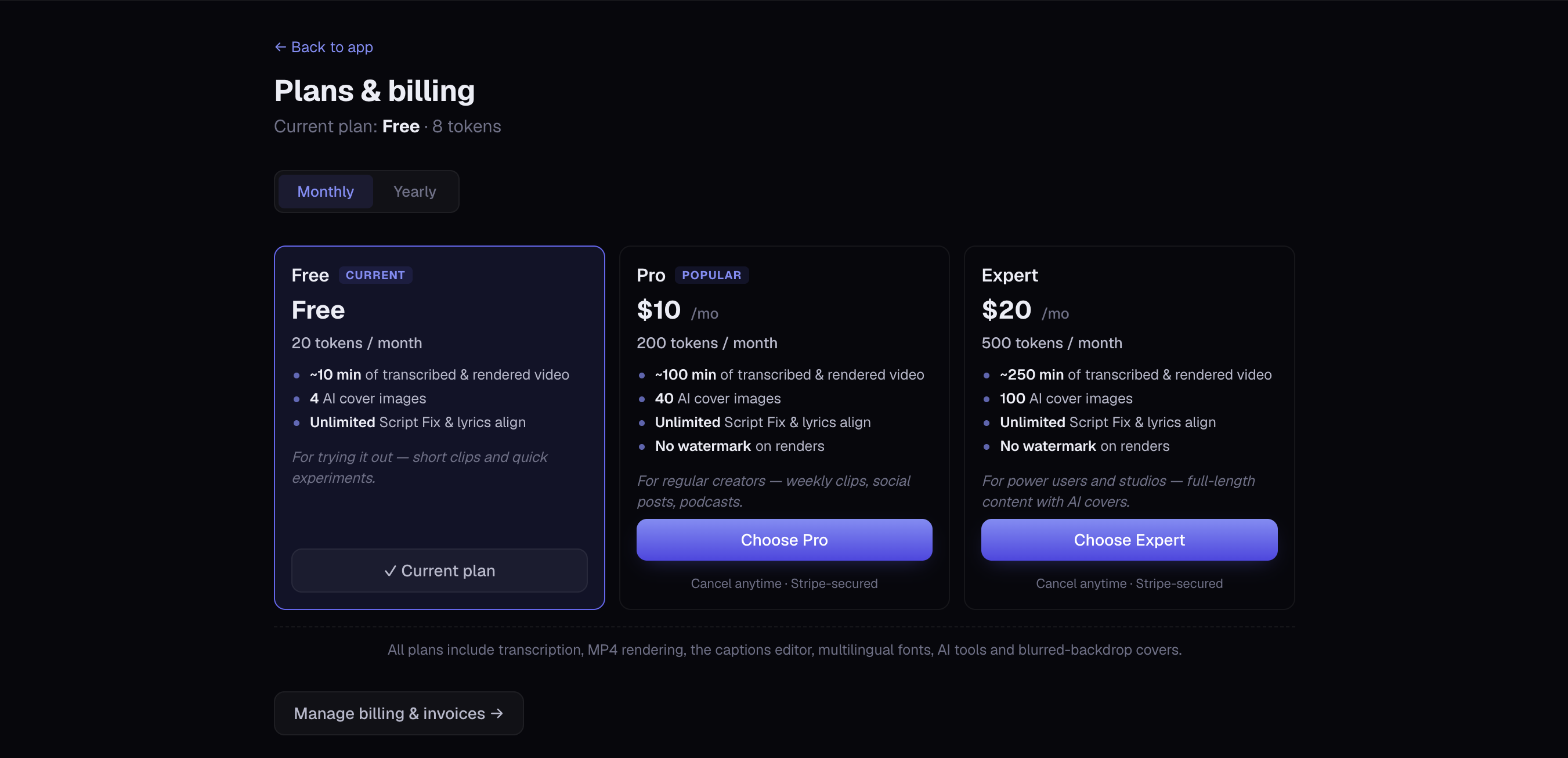 The Plans & billing page