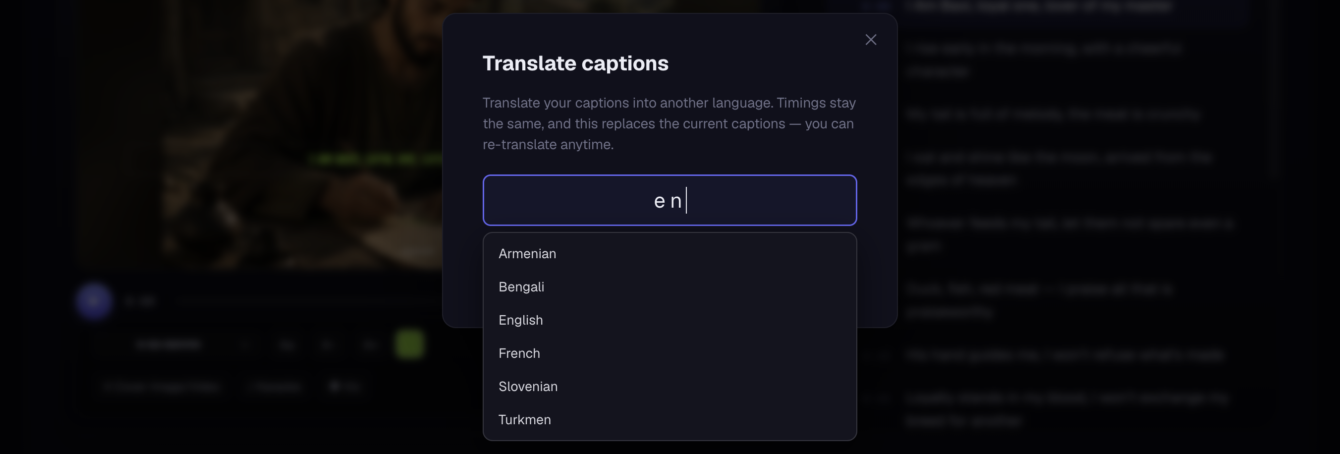 The Translate dialog with the language search